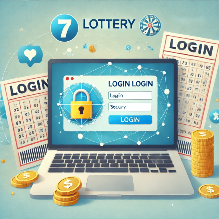 7 Lottery Login screen on a laptop showing secure login page with lottery tickets and coins surrounding it.