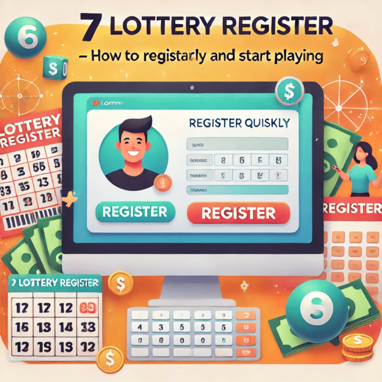 Person completing the 7 Lottery Register form on a computer, with a highlighted 'Register' button and lottery icons in the background.