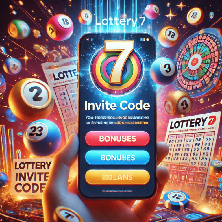 Digital invitation screen showcasing Lottery 7 Invite Code bonuses, rewards, and vibrant icons of lottery tickets and coins.