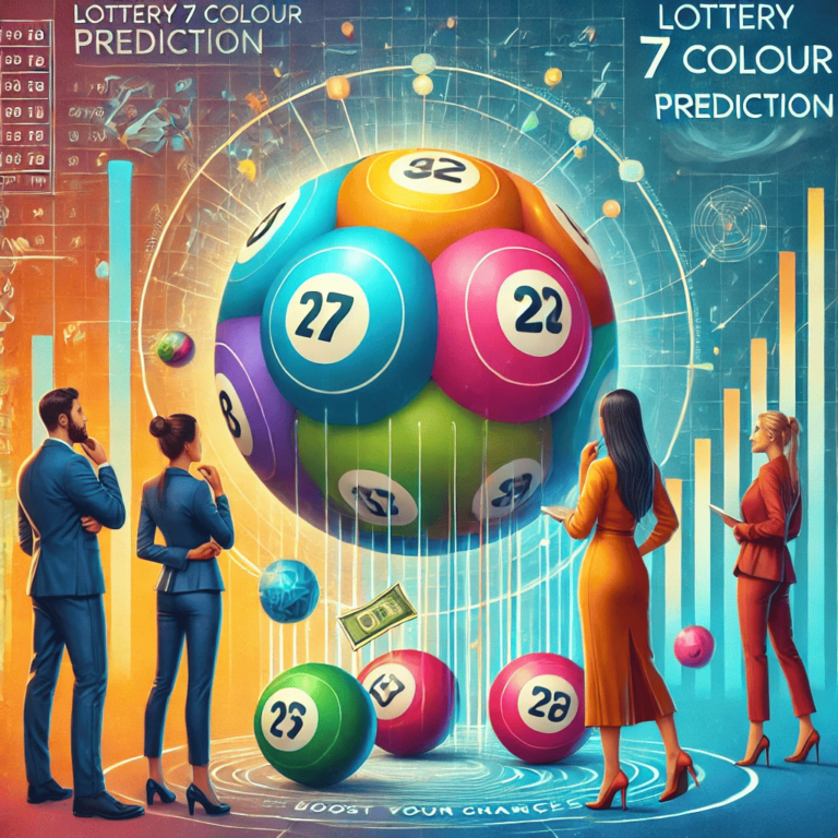 Lottery 7 colour prediction strategy with colorful lottery balls and statistical tools in the background.